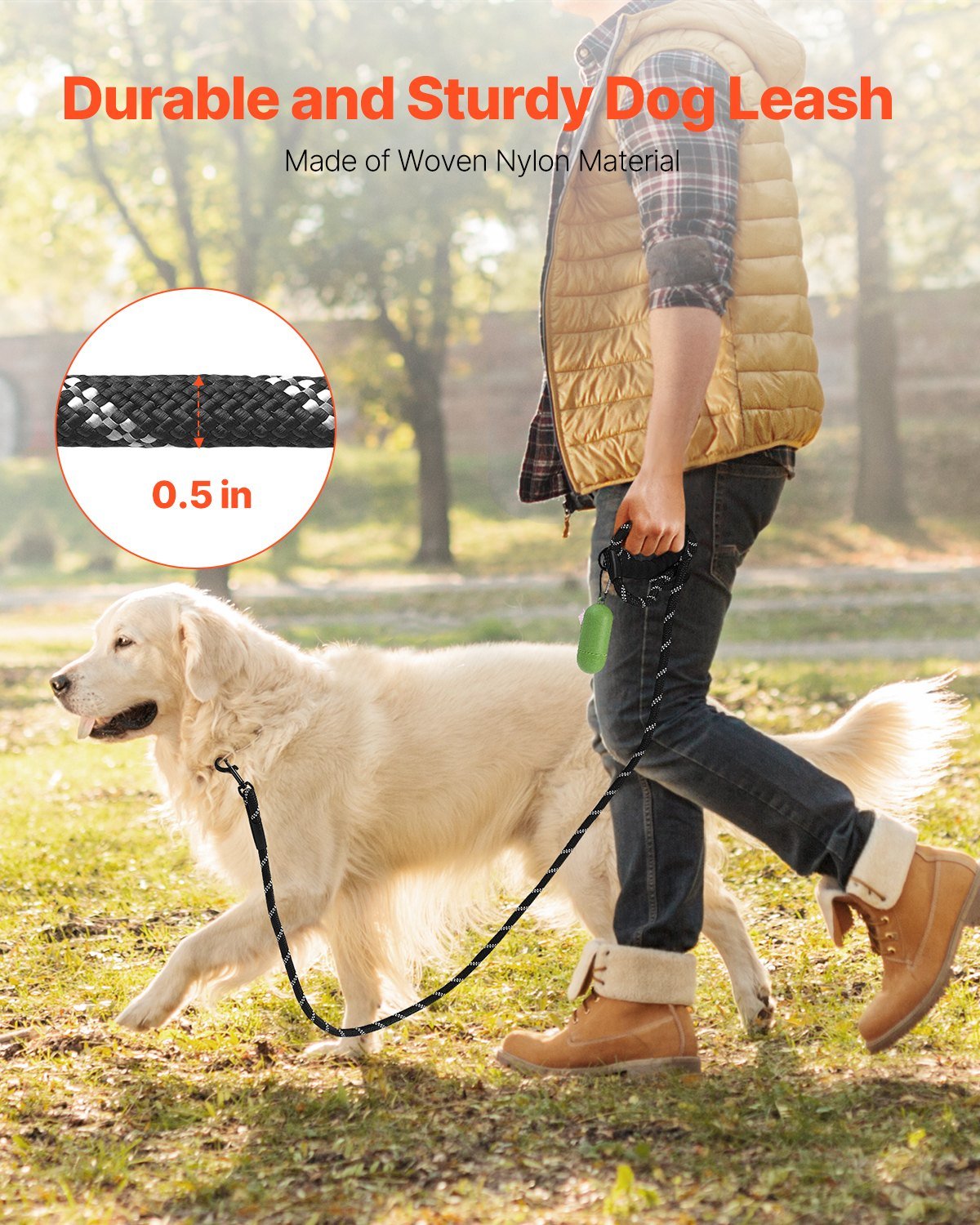 Dog walking on a braided rope leash outdoors