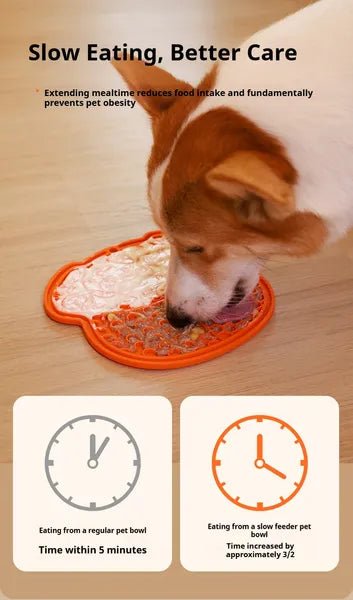 Dog licking peanut butter spread on textured silicone lick mat